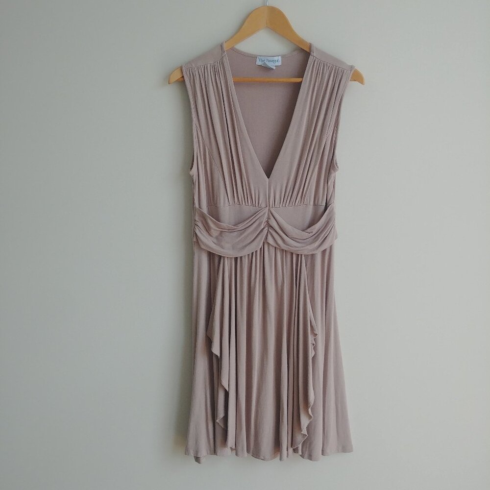 Super soft viscose spandex draped front oyster ivory stretch sleeveless dress